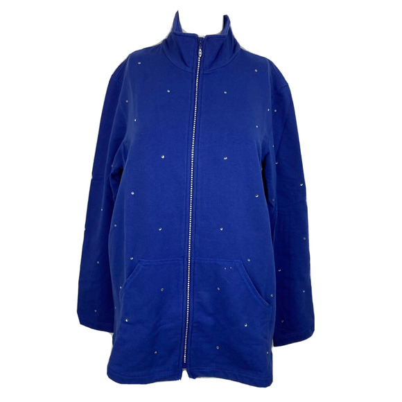 Quacker Factory Jacket Womens Sz M Blue Cotton Stretch Rhinestone Zip Up - Picture 1 of 8